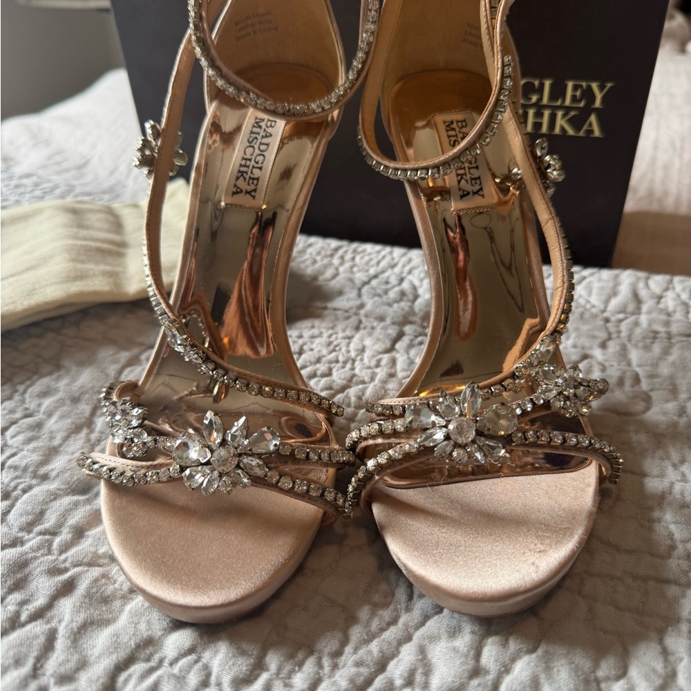 Badgley Mischka Rose Gold Crystal-Strap Evening Heels